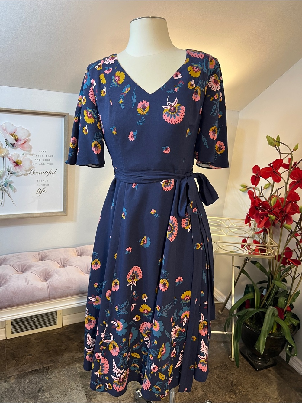 Boden Navy Floral Midi Wrap Dress with Pink and Yellow Blooms
